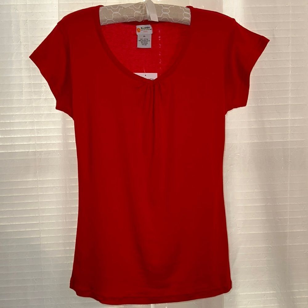 Roundy XL Basic Red Pink V-Neck Fitted Baby Doll Short Sleeve Cotton Tee